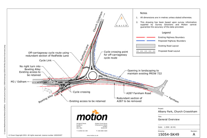 A plan of the new road layout at the A287 (Farnham Road) / Redfields Lane roundabout near Church Crookham 