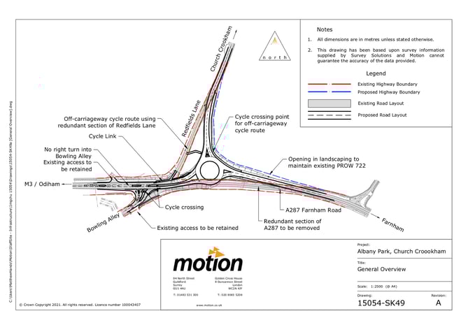 A plan of the new road layout at the A287 (Farnham Road) / Redfields Lane roundabout near Church Crookham