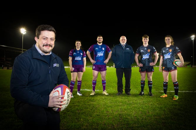 Ifor Williams Trailers sponsors of the RGC academy teams; Pictured Richard Sulivan IWT Sales account Manager and Wayne Williams Shift Leader with Mali Edwards, Evren Ozbilen, Tom Jarman and Martha Howatson. Picture Mandy Jones