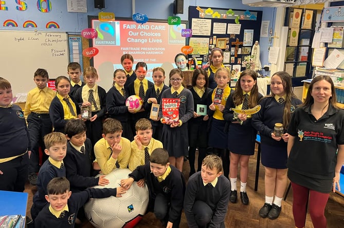 St. Teilo’s pupils, Tenby, with Fair Trade In Football Campaign founder Sharron Hardwick