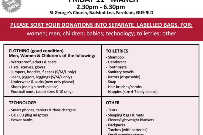Farnham Help for Refugees has published a list of in-demand items prior to its March 11 sale