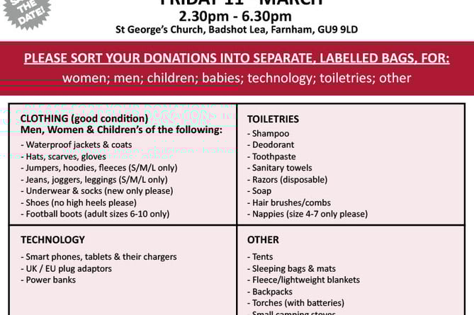 Farnham Help for Refugees has published a list of in-demand items prior to its March 11 sale