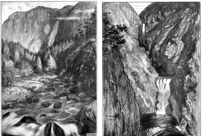 The wondrous valley of Gelert; right, cascade of the moor between Ffestiniog and Bala