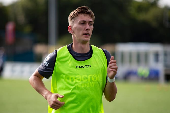 Bridgend, WALES -  28 August, 2021: 
Nathan Wood of Penybont during the warm up.
Penybont v Connahs Quay in the JD Cymru Premier at the SDM Glass Stadium on the 28th August 2021. (Pic by Lewis Mitchell/FAW)