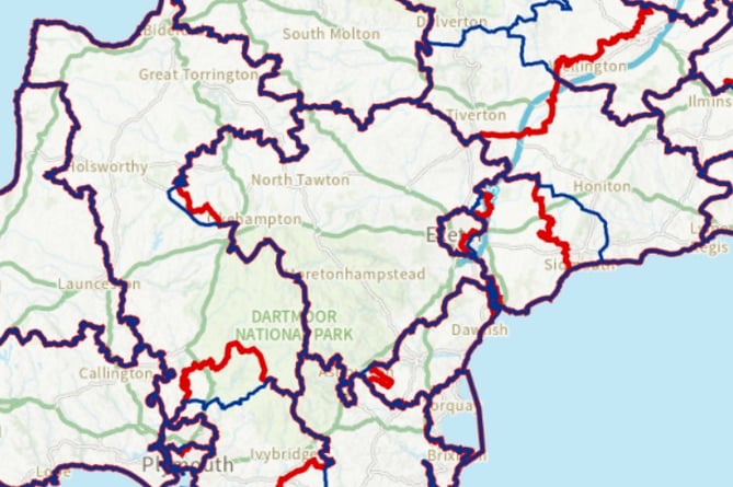 In blue, existing constituencies, and in red, proposed changes to electoral boundaries across Devon by the Boundary Commission for England (BCE).

Ties with LDR story on boundary changes (March 2022)