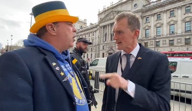 An irate exchange between anti-Brexit protester Steven Bray and Monmouth MP David Davies 