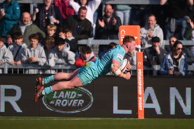 EXETER, ENGLAND - MARCH 19: Max Norey of Exeter Chiefs goes over to score their sides third try during the Premiership Rugby Cup match between Exeter Chiefs and Worcester Warriors at Sandy Park on March 19, 2022 in Exeter, England. (Photo by Harry Trump/Getty Images)