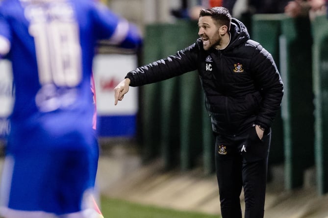 ABERYSTWYTH, WALES - 02 FEBRUARY 2022: Aberystwyth manager Antonio Corbisiero during the JD Cymru Premier league fixture between Aberystwyth Town F.C & Haverfordwest County A.F.C and Aberystwythâs 1000th league game in the Cymru premier devision, Park Avenue Stadium, February 2nd, 2022, Aberystwyth, Wales (Pic By John Smith/FAW)