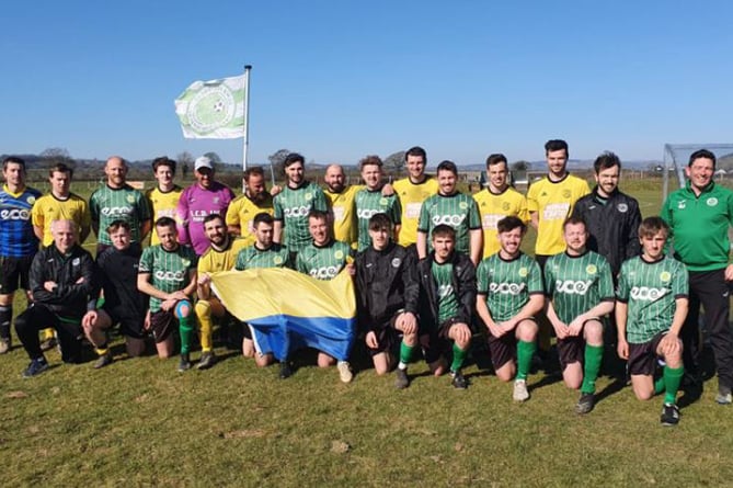 Tregaron Turfs and Aberaeron players pictured before their match on Saturday