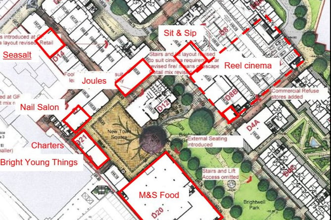 A plan of Brightwells Yard, with retailers believed to be coming to Farnham marked in red