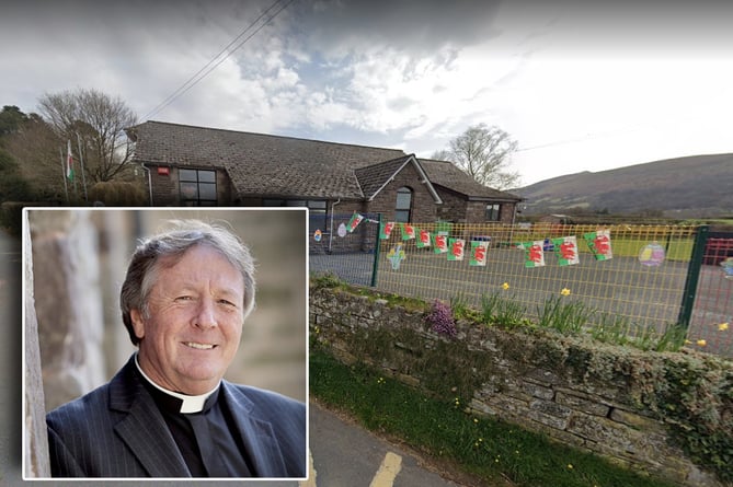 Bishop John Lomas inset over a photo of Llanbedr School 