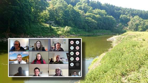 A photo of the Wye with a screenshot of the online meeting inset