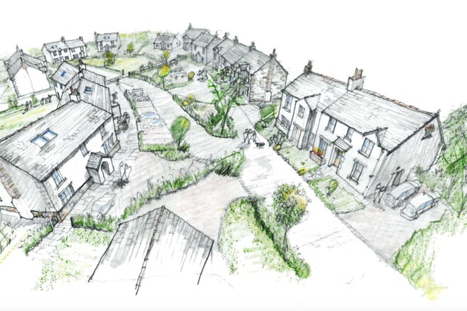 An indicative 3D sketch of the proposed development looking east along the main shared surface