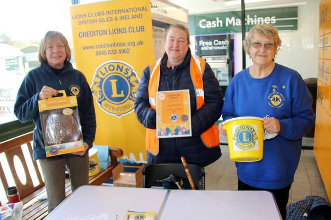 CREDITON Lions spent four days recently selling tickets at the Crediton Morrisons store for its Bumper Easter egg draw.
Pictured, from left, in the store foyer are Lions Karen Todd, Dawn Andrews and Bronwyn Nott.  AQ 5750