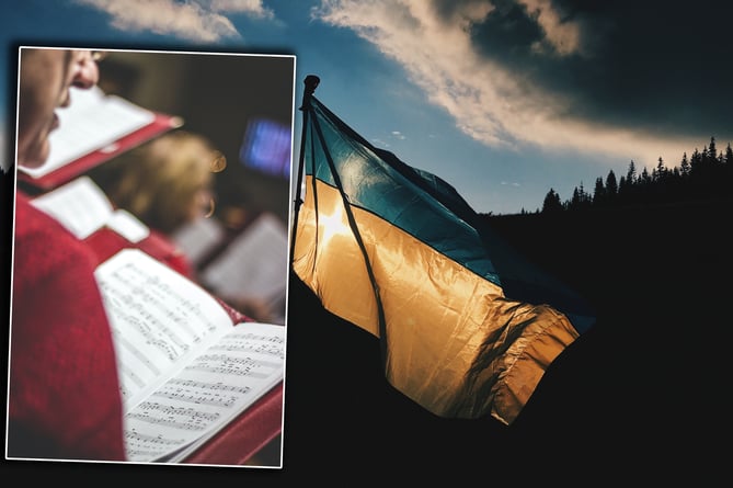 A choir over the Ukraine flag