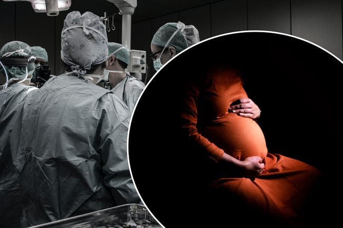 A stock photo of hospital staff with a pregnant woman inset over the top