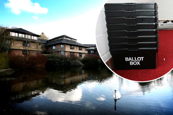Ballot boxes inset over a photo of Powys County Hall