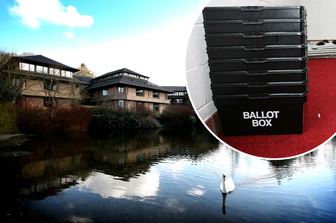 Ballot boxes inset over a photo of Powys County Hall