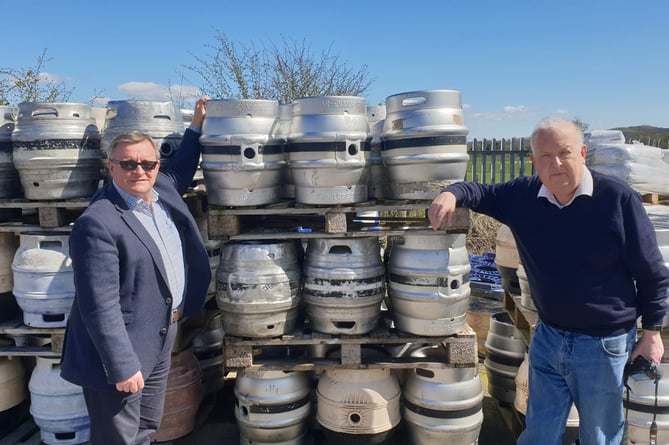 Simon Buckley (right), founder of Evan Evans Brewery on a fact finding tour of his Brewery Yard in Llandeilo with Cllr William Powell (left) following the Covid-19 Lockdown