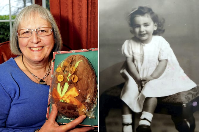 FILE PICTURE - Hillion Fern and her old easter egg (L) & aged 18 months (R). A great-gran says she is the proud owner of the worlds oldest un-opened Easter egg which is still in mint condition after 62 YEARS. See SWNS story SWMDegg. Hillion Fern, 75, was given the sweet treat when she was 13 but couldn't bare to eat it - despite being a self-confessed chocoholic. The egg is still in its original cellophane wrapping and contains a bag of half-century old toffees and chocolates. The retired wildlife trust worker now pays £80-a-month to have the 9ins tall chocolate egg kept in a cool storage container to prevent it melting. Hillion, who has two grown-up children, four grandchildren and one great-grandchild, said: I still remember the day I was given it.