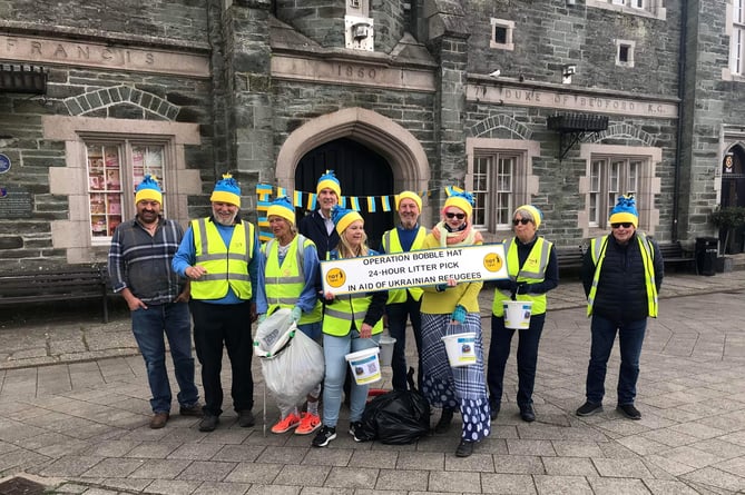 Some of the volunteers of the 24-hour litter pick for Ukraine over Easter in Tavistock.