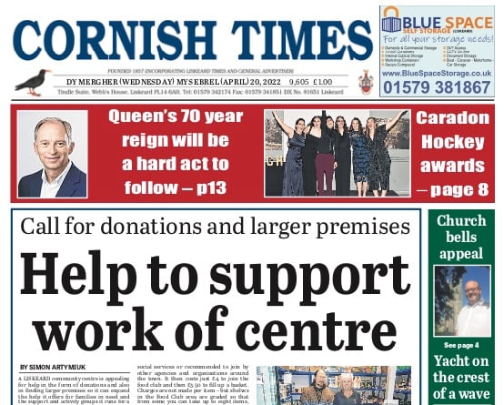 The front page of the Wednesday, April 20, 2022 edition of the Cornish Times