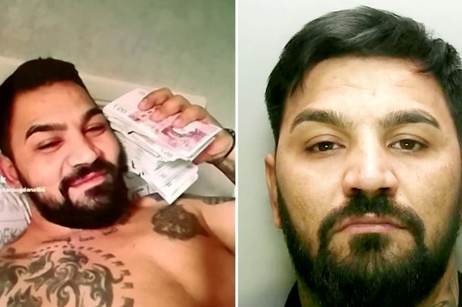 COMPOSITE PICTURE - Bogdan Florea (R) - Police found pictures on Florea's phone of him posing with large amounts of cash (L). A burglar who targeted chemists for perfumes has been jailed for four and a half years. See SWNS story SWNNperfume. Bogdan Florea, 33, from Farnborough, Hampshire, committed a string of offences between July and September 2021. He was caught after his car was spotted near a break-in in Reading, Berkshire. On Monday at Guildford Crown Court, he was sentenced to 54 months jail after pleading guilty to burglary and possession of false ID. Two cars belonging to him were also ordered to be seized and destroyed.