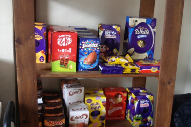 Easter eggs awaiting distribution at Crediton Food Bank.  SR 4971