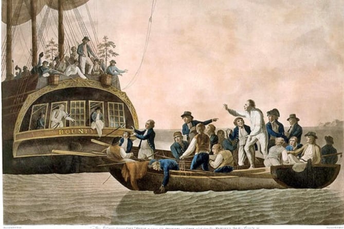 A contemporary engraving of Lieutenant William Bligh and fellow crewman being cast adrift in the South Pacific in the Mutiny on the Bounty.