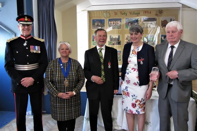 Lord Lieutenant of Cornwall Colonel Edward Bolitho OBE, Chairman of Cornwall Council Cllr Pauline Giles BEM, Les Eastlake BEM, Karen Roberts BEM, Chairman of St Tudy Community Shop Management Committee Chris Hawkins.