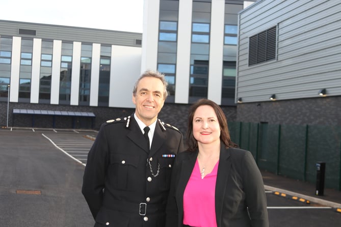 Devon and Cornwall Police Chief Constable Shaun Sawyer with Police and Crime Commissioner Alison Hernandez at the opening of the new Exeter Police Station in February 2020.  AQ 6581
