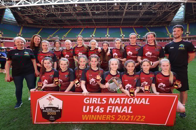 Ysgol Bro Teifi Under-14 girls’ rugby team at Principality Stadium, Cardiff.