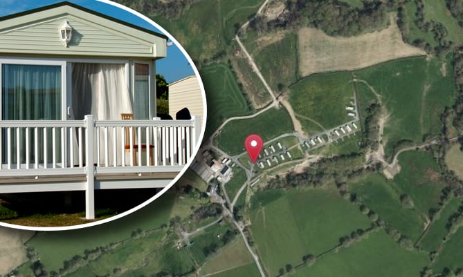 A static caravan inset over a photo of Busnant Holiday Park