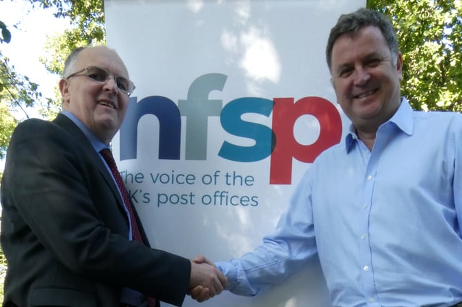 Mel Stride MP, right, with the South West representative on the National Federation of Sub postmasters Stuart Rogers.