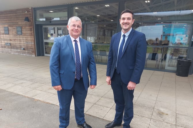 Cllr Iain McIntosh and MS James Evans outside the count in Llanelwedd