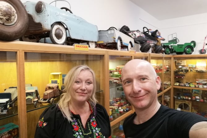 Phil Chapman, aka the Toy Man, with antiques expert Karyn Sparks during their visit to the toy collection at Liskeard Museum while filming this week’s episode of the Quest TV show Drew Pritchard’s Salvage Hunters The Restorers 
