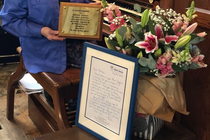 Kathleen Dando has been the organist at St Peter’s Church, Camerton, for sixty five years. 