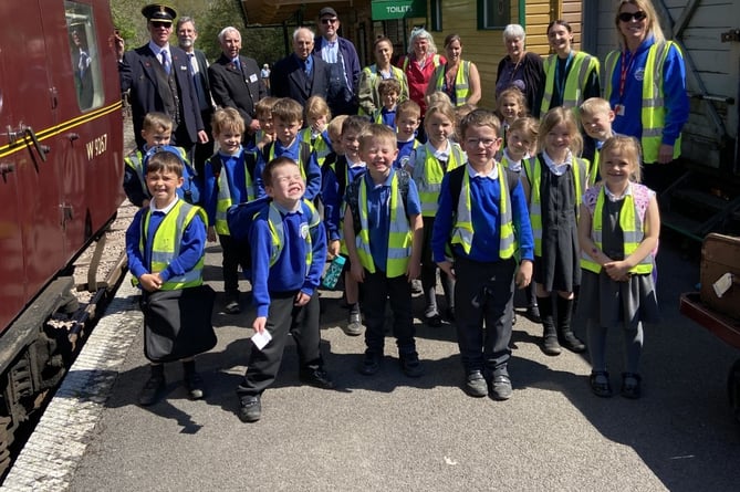 Roger, Steve, Colin, John and Matt with Welton school pupils and teachers at Midsomer Norton Station.