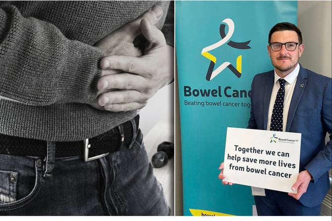 MS James Evans with a sign about bowel cancer inset over a stock photo of somebody with stomach pain