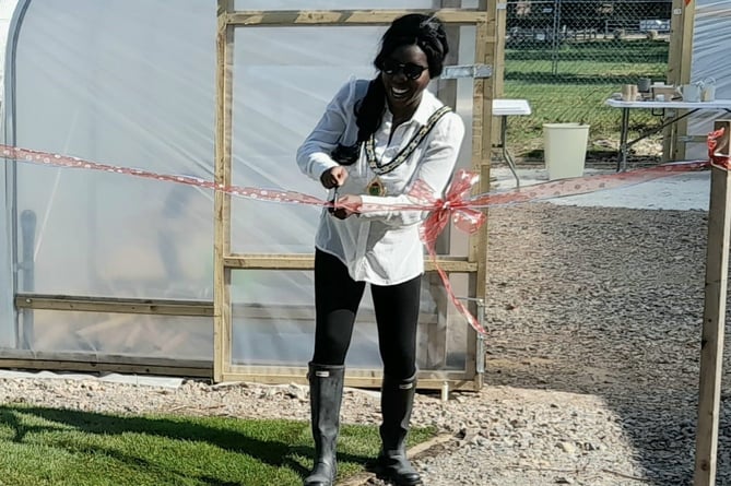 Whitehill Town Mayor Cllr Bisi Kennard opens Whitehill Town Council’s new polytunnel on April 30th 2022