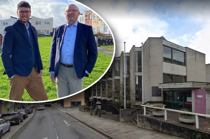 Cllr Dorrance and Cllr Meredith inset over a photo of the old library on Ship Street