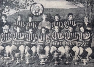 Talgarth Town team photo (1971 - 1972). Back row, left to right: Colin Hawker (Manager), Bob Prosser, Lyndon Lewis, Keith Parry, Paul Sharman, Austin Ricketts, David Crane (trainer). Front row: Malcolm Hughes, Eric Gittoes, Alan Davies, Terry Blackwell (captain), Leslie Wilcox, Gerald Rhodes, Wyn Davies.
