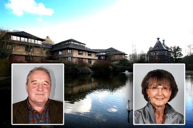Jeremy Pugh and Heulwen Hulme inset over Powys County Hall