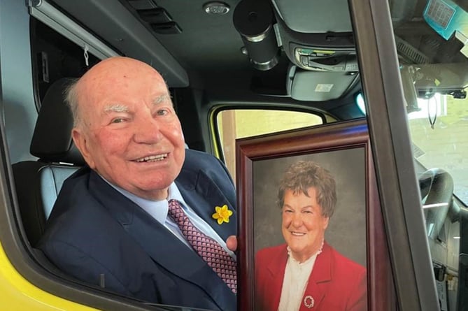 Morfudd’s brother Hefin Jones in the ambulance with her portrait photo