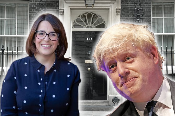 Fay Jones and Boris Johnson inset over a photo of Downing Street