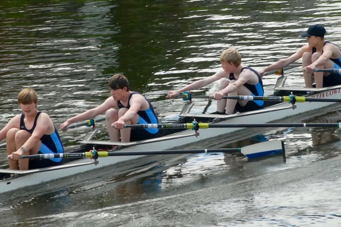 Monmouth Comprehensive’s U15 quad scull on their way to victory. Photo: Oarstruck Photography.