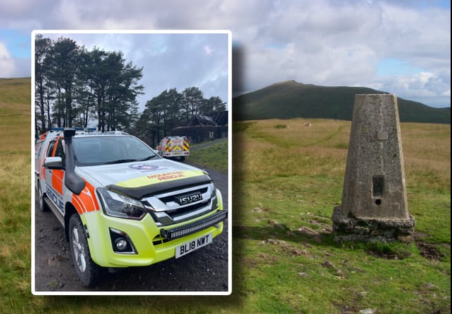 A Central Beacons Mountain Rescue Team vehicle inset over Trig point on Twyn Mwyalchod