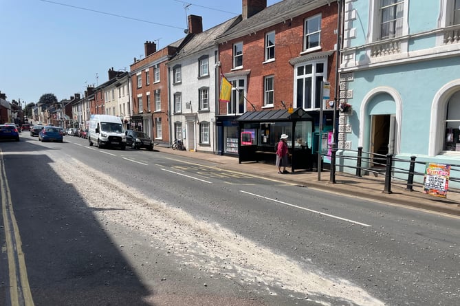 The concrete and stones spill in Crediton High Street. AQ 9829
