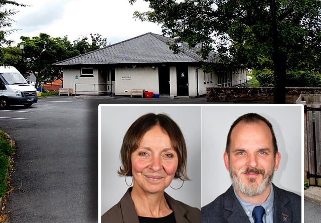 Cllr Sian Cox and Cllr Gareth Ratcliffe inset over Arosfa Day Centre in Brecon