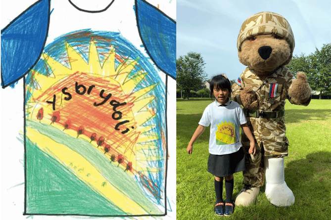Left is Sayami’s winning design and right is ‘Hero Bear’ with Sayami, who is wearing one of the T-shirts